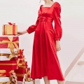 Women's Elegant Red Satin Lantern Sleeve Midi Dress Square Neck Puff Sleeve High Waist Christmas Party Evening Dress For Women