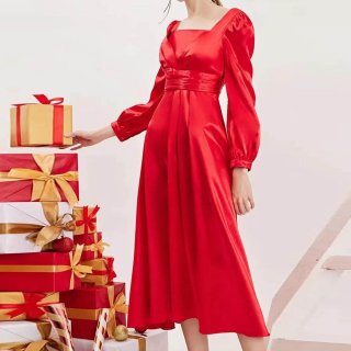 Women's Elegant Red Satin Lantern Sleeve Midi Dress Square Neck Puff Sleeve High Waist Christmas Party Evening Dress For Women