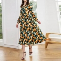 Women's V-Neck Long Sleeve Floral Print Midi Dress Elegant High Waist A-Line Button Front Vacation Party Swing Dress