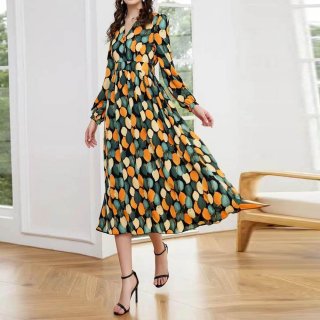 Women's V-Neck Long Sleeve Floral Print Midi Dress Elegant High Waist A-Line Button Front Vacation Party Swing Dress