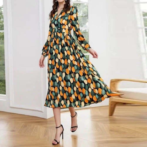 Women's V-Neck Long Sleeve Floral Print Midi Dress Elegant High Waist A-Line Button Front Vacation Party Swing Dress