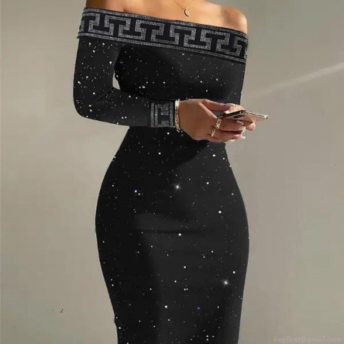 Women Elegant Off-Shoulder Long Sleeve Midi Dress Sequin Polyester Spandex Bodycon Evening Gown With Greek Fret Meander Trim Autumn Winter Party Slim Fit Dress