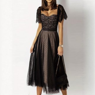 Elegant Lace Patchwork Midi Dress Sexy V-Neck Polka Dot Mesh Party Dress Slim Fit Short Sleeve Flare Evening Gown For Women Summer Casual Vacation Dress