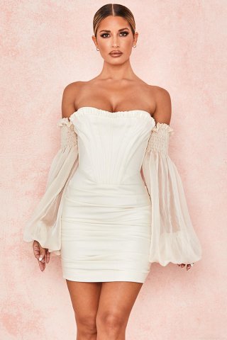 Women's Elegant Off-Shoulder Corset Bodycon Midi Dress With Puff Lantern Sleeve Fishbone Sexy Cream White Satin Dress For Evening Party