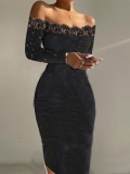 Women's Off The Shoulder Lace Trim Bodycon Midi Dress Elegant Glitter Long Sleeve Slim Fit Polyester Spandex Pencil Dress For Party Evening Club