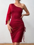 Women One Shoulder Ruched Midi Dress Wine Red Sequin Shimmer Bodycon Dress Side Slit Drawstring Asymmetric Ruffle Sleeve Party Night Out Clubwear