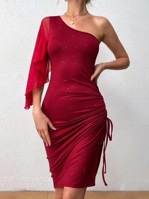 Women One Shoulder Ruched Midi Dress Wine Red Sequin Shimmer Bodycon Dress Side Slit Drawstring Asymmetric Ruffle Sleeve Party Night Out Clubwear