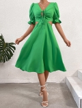 Women Elegant Green Midi Dress Polyester Spandex V-Neck Tie-Up Hollow Out Side Puff Sleeve Ruffle Hem Summer Vacation Party Dresses for Ladies