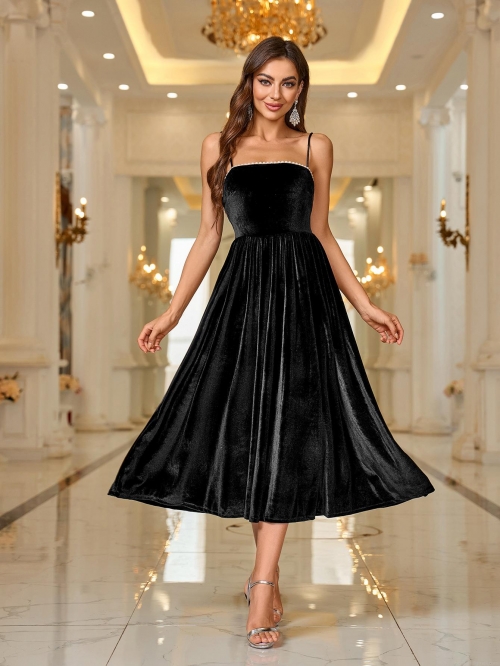 Elegant Black Velvet Slip Dress With Pearl Trim Sexy Backless Slim Fit A-Line Midi Dress For Women Evening Party Banquet Gown