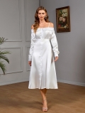 French Style Off-Shoulder White Satin Midi Dress With Belt Elegant Long Sleeve Solid Color Button Front Evening Party Dress For Women