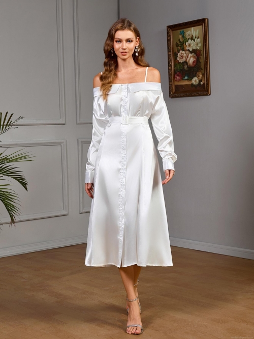 French Style Off-Shoulder White Satin Midi Dress With Belt Elegant Long Sleeve Solid Color Button Front Evening Party Dress For Women