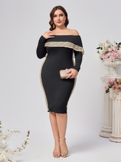 Plus Size Sequin Bodycon Midi Dress Elegant Off The Shoulder Long Sleeve Patchwork Polyester Knitting Dress For Wedding Evening Party Women