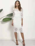 Elegant Women White Lace Midi Dress Sexy Sheer Hollow Out Bodycon Seven-Point Sleeve Dress For Cocktail Party Evening Wedding Guest Ladies Clothing