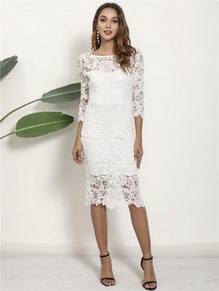 Elegant Women White Lace Midi Dress Sexy Sheer Hollow Out Bodycon Seven-Point Sleeve Dress For Cocktail Party Evening Wedding Guest Ladies Clothing