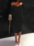 Women's Elegant Off Shoulder Sequin Midi Dress Long Sleeve Bodycon Wrap Tie Waist Glitter Evening Party Cocktail Dress For Wedding Banquet