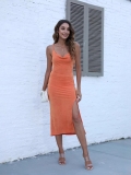 Women Sexy Orange Cowl Neck Cami Dress Sleeveless Backless High Slit Midi Dress Solid Color Knitted Bodycon Dress for Party Vacation Dating Women Clothing
