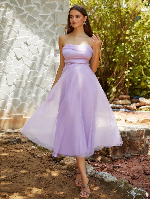 Elegant Women's Light Purple Mesh Spaghetti Strap Midi Dress Backless Tiered Tulle A-Line Dress Sexy Party Evening Gown Banquet Dress