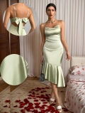 Women's Satin Polyester Spandex Spaghetti Strap Midi Dress Ruffle Fishtail Backless Bow Bodycon Elegant Party Banquet Sexy Dress Light Green