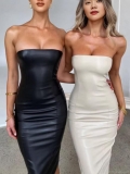 Sexy Strapless PU Leather Bodycon Dress For Women Slim Fit Sleeveless Midi Clubwear Party Dress Solid Color Back Slit Faux Leather Dress