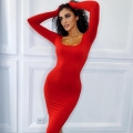 Women's Square Neck Long Sleeve Bodycon Dress Polyester Spandex Slim Fit Solid Color Midi Length Party Dress With Thumb Holes For Women