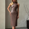 Women Sexy Sleeveless High Neck PU Leather Midi Dress Elegant Slim Fit Split Bodycon Faux Leather Pencil Skirt For Party Club Nightwear