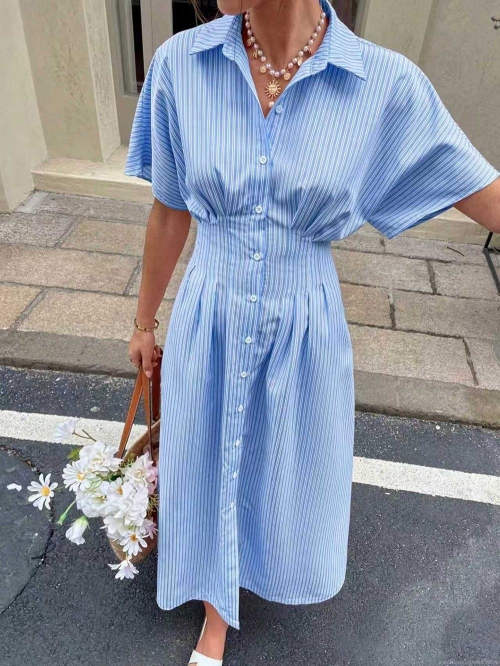 Women's Casual Striped Shirt Dress Elegant Button Down Short Sleeve Midi A-Line Dress High Waist Vacation Party Style Polyester Spandex Blend