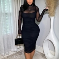 Sexy Mesh See-Through Two-Piece Midi Dress Set Ruched Long Sleeve High Neck Bodycon Dress With Camisole Lining For Women Party Clubwear Elegant Outfit