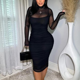 Sexy Mesh See-Through Two-Piece Midi Dress Set Ruched Long Sleeve High Neck Bodycon Dress With Camisole Lining For Women Party Clubwear Elegant Outfit