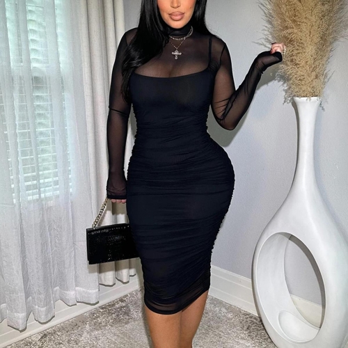 Sexy Mesh See-Through Two-Piece Midi Dress Set Ruched Long Sleeve High Neck Bodycon Dress With Camisole Lining For Women Party Clubwear Elegant Outfit
