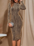 Women's Sexy Metallic Striped Slim Fit Midi Dress Round Neck Long Sleeve Bodycon Knitted Party Dress Elegant Autumn Fashion Lurex Dress