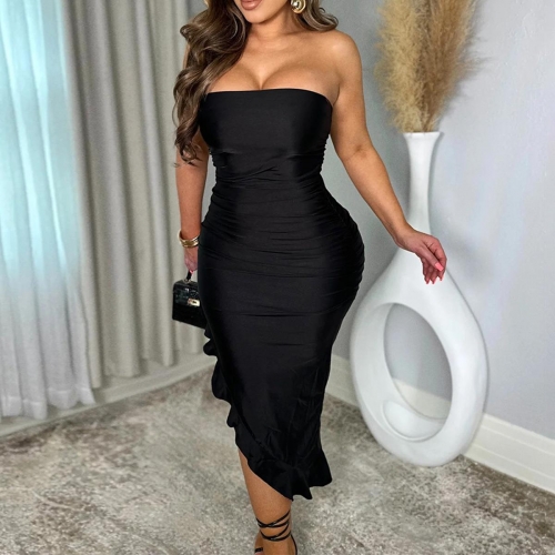 Women's Sexy Off-Shoulder Ruched Midi Dress Elegant Ruffle Hem Bodycon Party Clubwear Socialite Evening Dress Sleeveless Polyester Spandex Solid Color