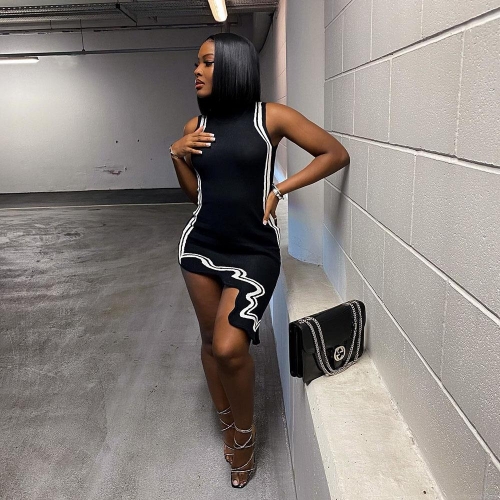 Women's Sleeveless Colorblock Striped Knit Dress Sexy Bodycon Midi Dress With Irregular Wave Hem Mock Neck Streetwear Fashion Summer Dress