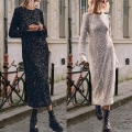 Women Sexy Backless Sequin Long Sleeve Midi Dress Sparkly Street Style Round Neck A-Line Dress Party Evening Nightclub Prom Gown