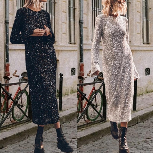 Women Sexy Backless Sequin Long Sleeve Midi Dress Sparkly Street Style Round Neck A-Line Dress Party Evening Nightclub Prom Gown