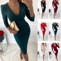 Women's Sexy Ruched V-Neck Long Sleeve Midi Dress Elegant Solid Color Knitted Bodycon Pencil Dress for Office Party Evening Formal Occasions