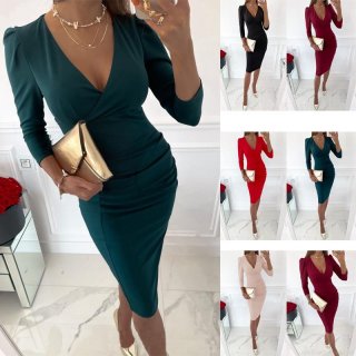 Women's Sexy Ruched V-Neck Long Sleeve Midi Dress Elegant Solid Color Knitted Bodycon Pencil Dress for Office Party Evening Formal Occasions