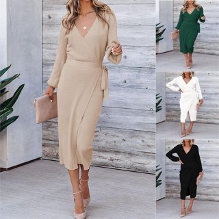 Women's Elegant V-Neck Ribbed Knit Wrap Midi Dress Long Sleeve Tie Waist Slim Fit Autumn Winter Solid Color Commuter Casual Sweater Dress