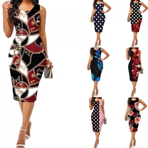 Women's Sleeveless Round Neck Bodycon Midi Dress Elegant Rose Flower Polka Dot Butterfly Print Summer Slim Fit Pencil Dress For Party Office Casual