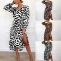 Women's Leopard Print V-Neck Long Sleeve Midi Wrap Dress With High Slit Tie Waist Chiffon Polyester Autumn Winter Elegant Party Dress