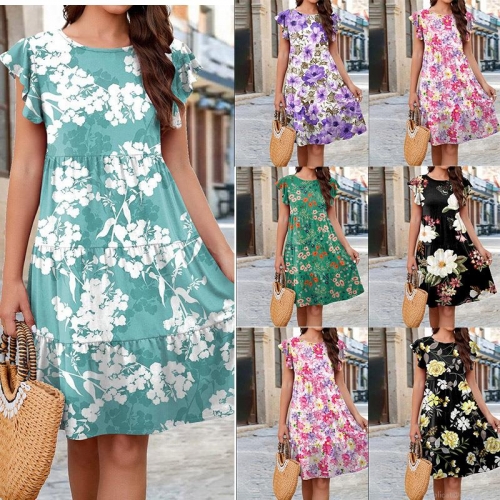 Women Summer Floral Printed Tiered Midi Dress Ruffle Flutter Sleeve Round Neck Casual Vacation Cake Skirt Polyester Spandex Butterfly Print Dress