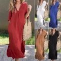 Women's V-Neck 3/4 Sleeve Midi Dress Loose Solid Color Side Slit Dress With Pockets Casual Summer Beach Vacation Long Dress