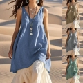 Women's Summer Casual Sleeveless Cotton Linen Dress Solid Color V-Neck Loose A-Line Midi Dress For Beach Vacation Bohemian Style Sundress