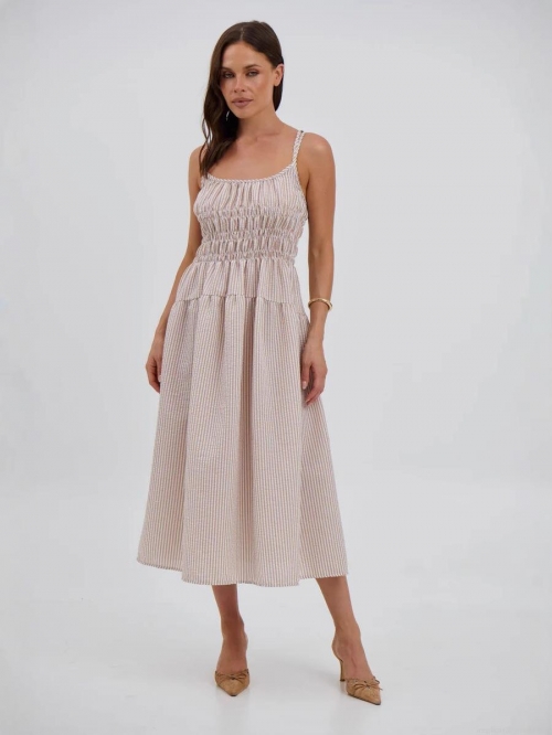 Women Striped Smocked Strappy Midi Dress Polyester Spandex Summer Sexy A-Line Tiered Skirt Casual Beach Holiday Party Dress