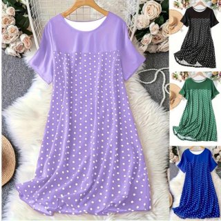 Women Summer Polka Dot Midi Dress Round Neck Short Sleeve Polyester Spandex Patchwork A-Line Pullover Casual Vacation Loungewear Dress
