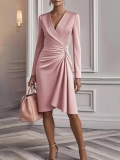 Women's Sexy V Neck Ruched Bodycon Midi Dress Elegant Long Sleeve Solid Color Slim Fit Evening Party Dress Polyester Spandex Pullover Club Dress