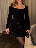 Elegant Women Square Neck Sequin Mini Dress Long Sleeve Slim Fit Party Cocktail Dress Sexy Black Bodycon Dress For Banquet Night Out
