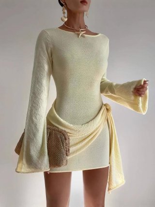 Women's Sexy Knit Mini Dress With 3D Flower Decor Ruching Long Flare Sleeve Textured Bodycon Short Dresses For Summer Beach Vacation Holiday Party