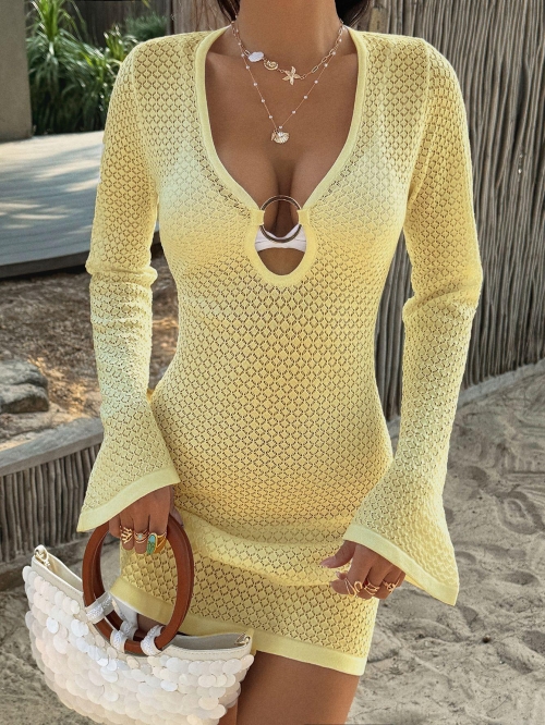 Women Sexy Crochet Knit Mini Dress Long Bell Sleeve Deep V-Neck With Metal Ring Hollow Out Solid Color Bodycon Beach Cover-Up Dress
