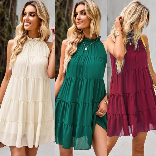 Women's 100% Acrylic Halter Neck Mini Dress Sleeveless Tiered Cake Design Casual Backless A-Line Flowy Sundress For Summer Vacation
