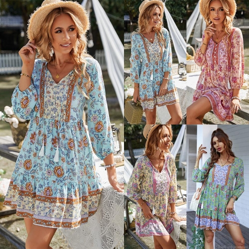 Women's Bohemian Floral Print V-Neck Mini Dress With Tassel Tie Long Sleeve Viscose Summer Vacation Casual Short Dress